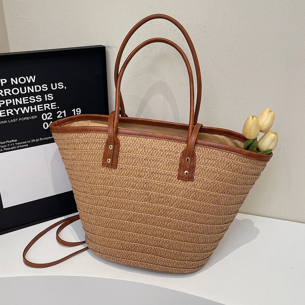 Single-Shoulder Bag, Forest-Style Straw Woven Bag for Women, Beach Vacation Woven Beach Bag, Summer Handmade Bag, New Style to Match with Skirts, Large Tote Bag for Commuting, Work, and Travel